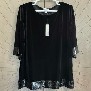 NWT Velour Black Sequin Trim Joan Vass Tunic Top Large / XL
